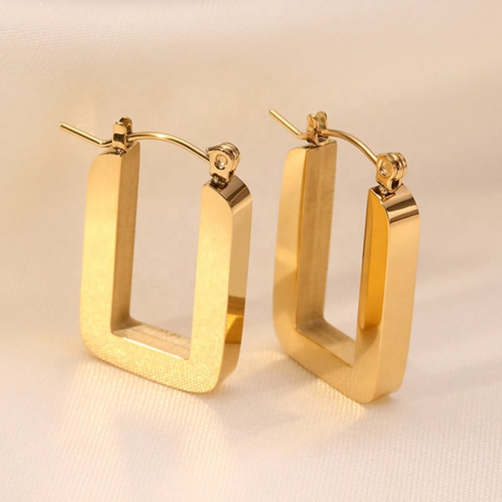Square U-Shape Hoop Earrings PVD 18K Gold Plated Stainless Steel - Picture 4 of 10